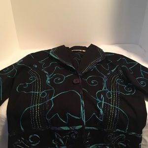 Weekend Choices woman’s black with blue embroidery button jacket size Medium